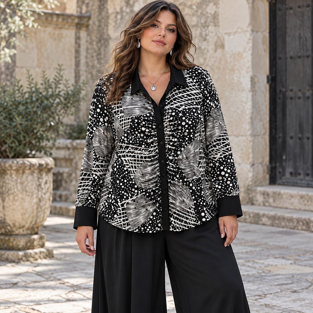 Venezia Y2K Abstract Button Blouse Sz 22/24 Lagenlook Eclectic Ruched Bust USA